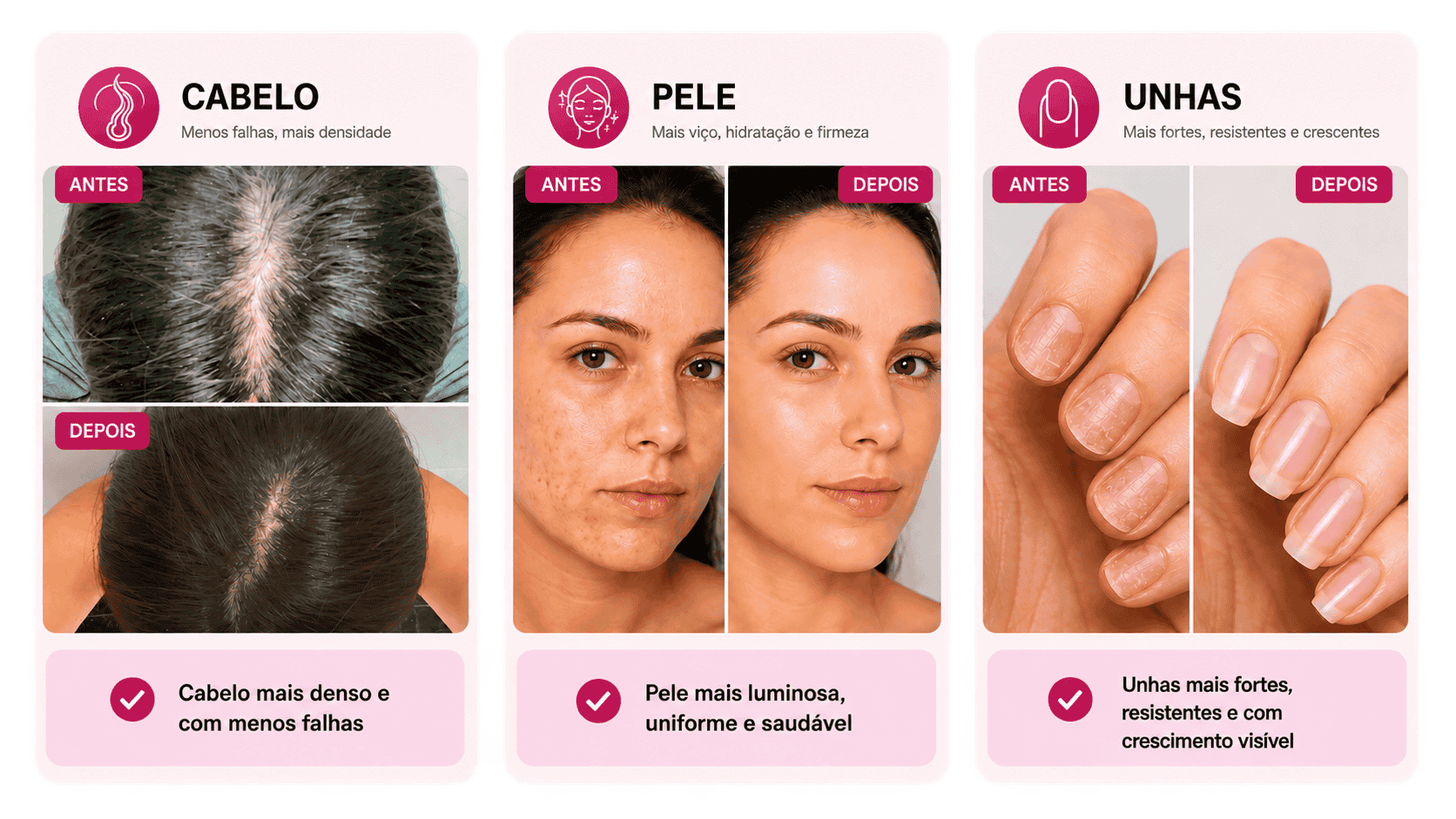 Antes e depois real de clientes — cabelo, pele e unhas